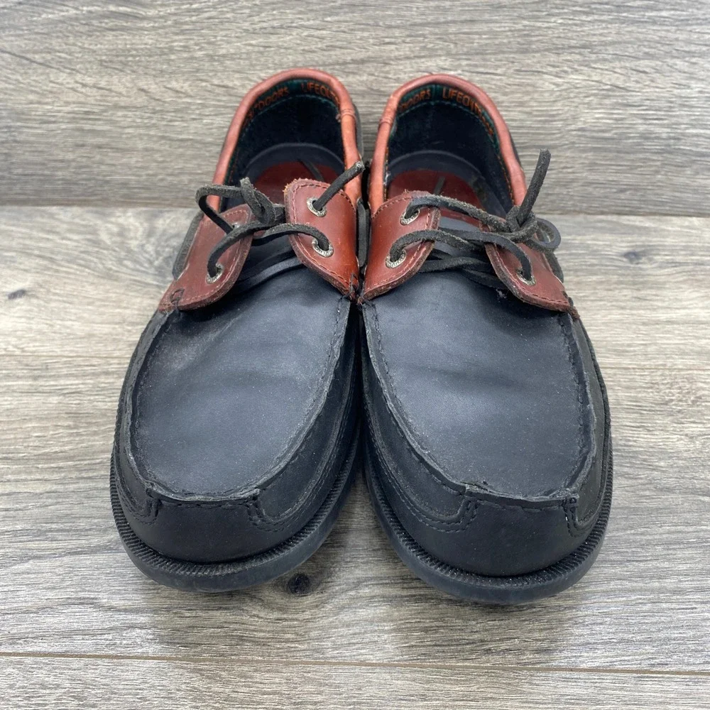 LifeOutdoors Boat Shoes Mens 11.5 D Black Brown Leather Nautical Loafers 607376